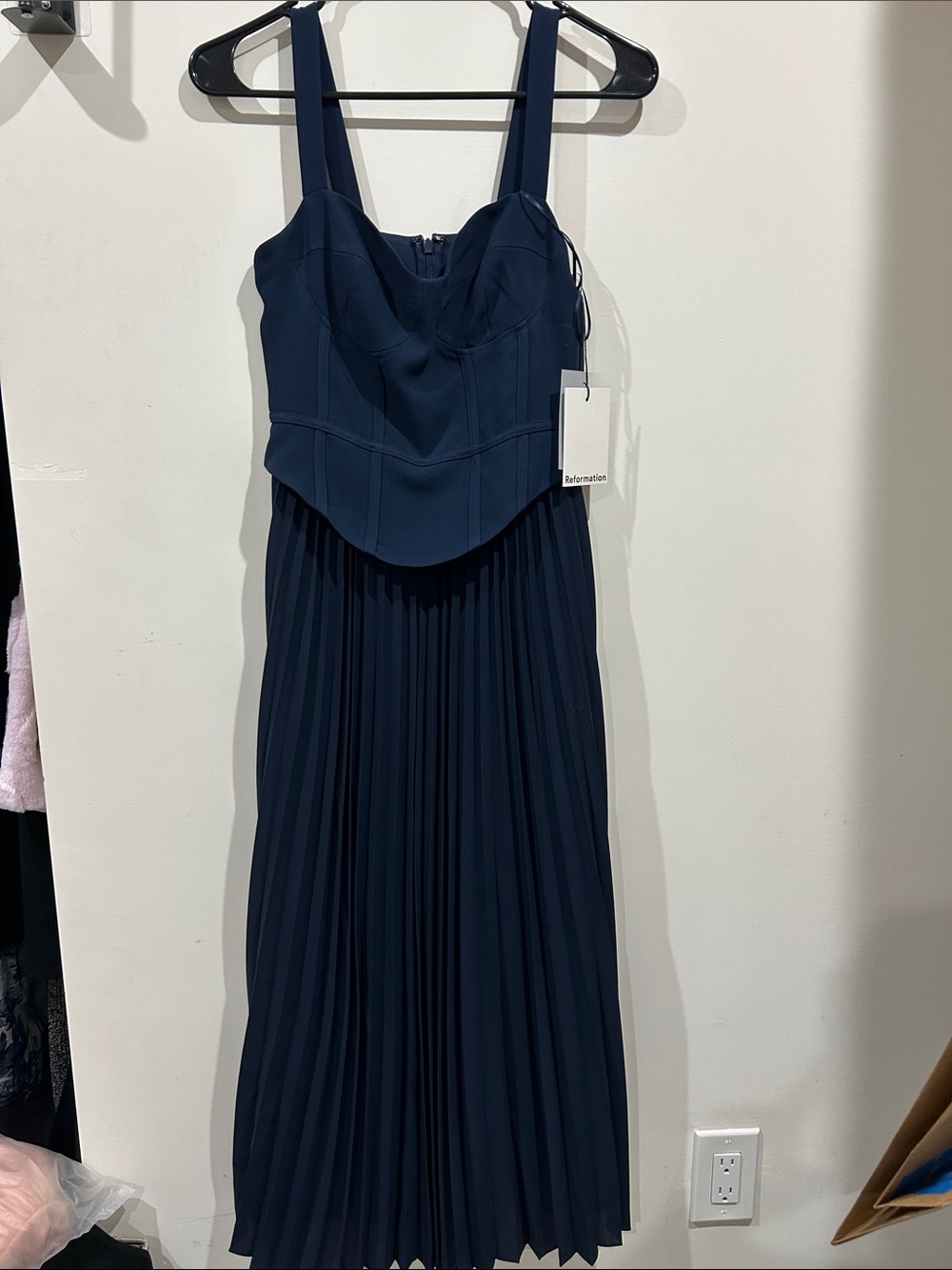 Navy Pleated Midi Dress with Structured Bodic reformation